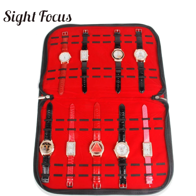 20 Slots/Grids Watch Band Collector Organizer Watch Strap Case Black Pu Storage Box with Zipper Wristwatch Display Tray