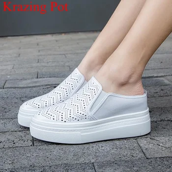 

new breathable cow leather round toe high heels thick bottom women sneakers wedges slip on casual vacation vulcanized shoes L07