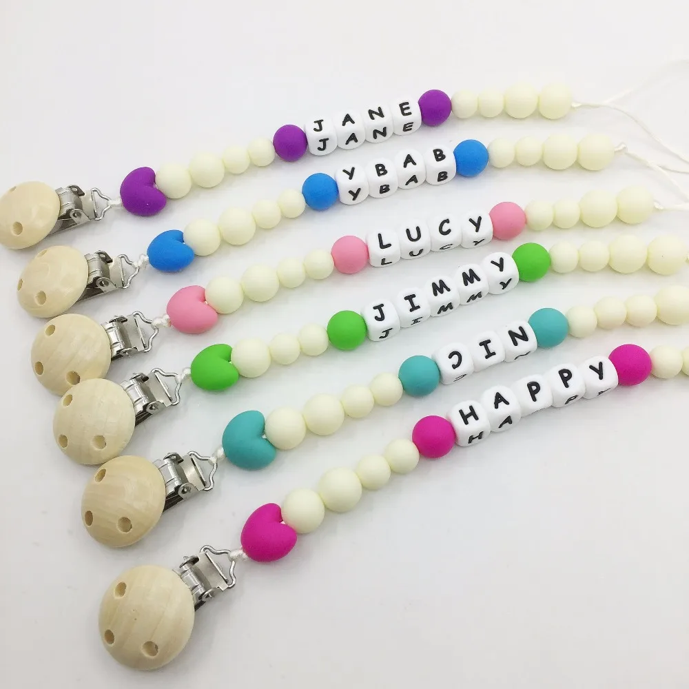 Personalised Name Baby Pacifier Necklaces Silicone Beads Dummy Clip