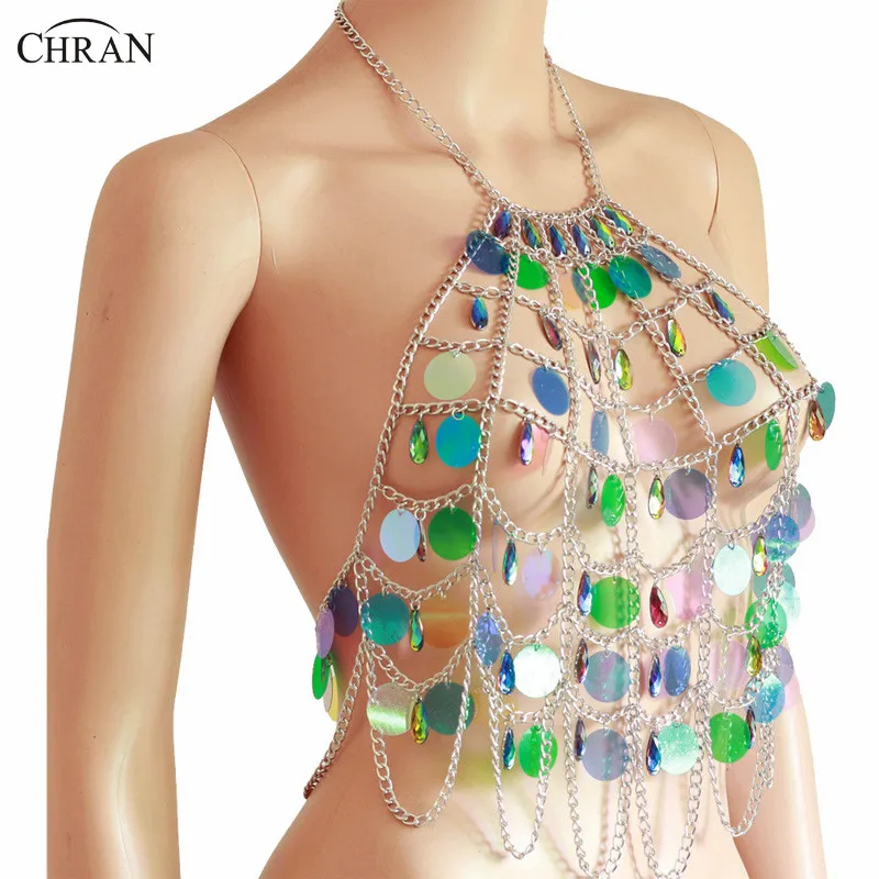Chran сексуальная сетка блесток Bralette горящий человек праздничные украшения Teardrop бисером цепь тела танцевальная одежда