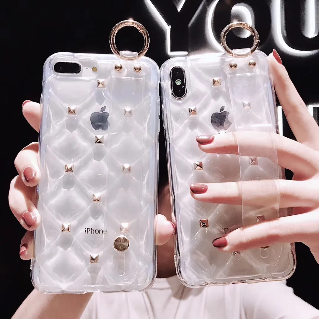 

Simple Clear Diamond Rivet Wrist Band Phone Cover Case For Iphone X Xs Max Xr 10 8 7 6 6s Plus Luxury Soft Silicone Coque Fundas