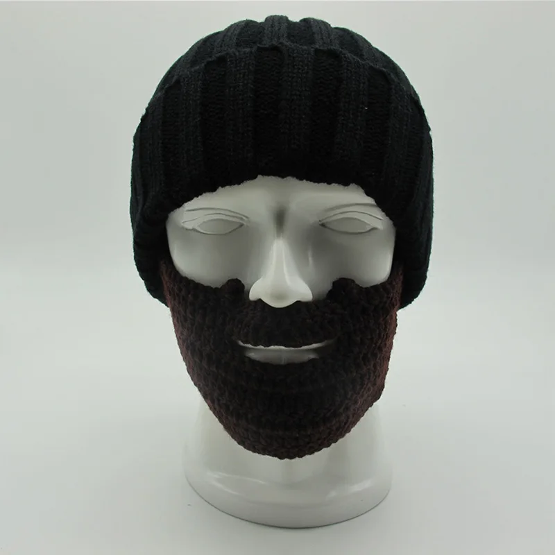 Новая зимняя черная Шапка-бини с бородой, Мужская зимняя теплая вязаная шапка для взрослых, черная вязаная Лыжная маска с бородой для мальчиков, мужская шапка с черепом