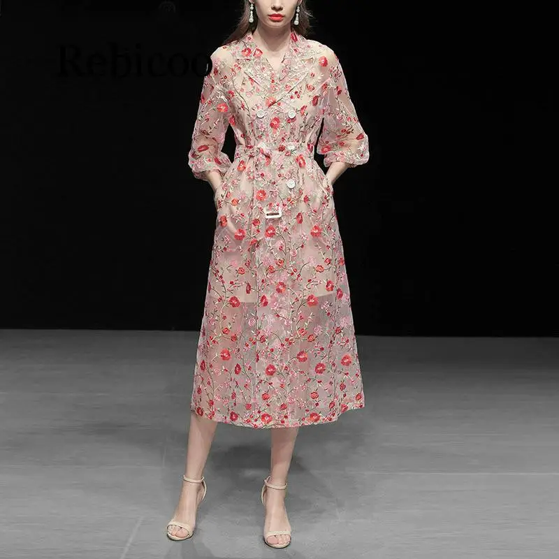 

Vintage Gauze Flower Embroidery Overlay Trench Coat Women Double-Breasted Notched Lantern Sleeve Belt Mesh Long Coat Outerwear