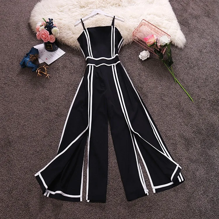 

Women Summer Chiffon Spaghetti Strap Jumpsuits Patchwork Striped High Waist Wide Legged Split Rompers