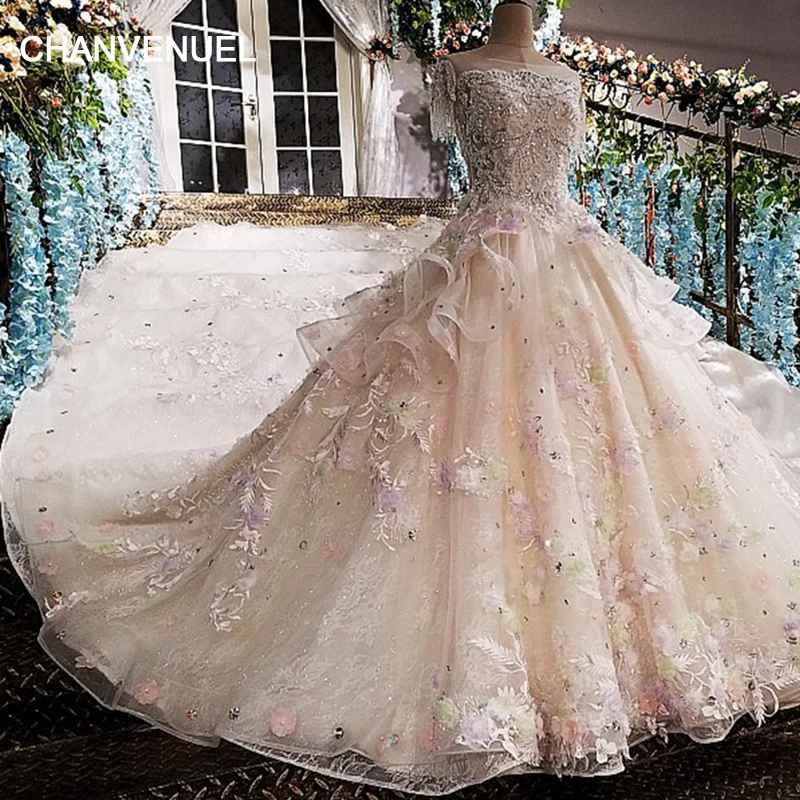 

2018 Vestido De Noiva Fashion Luxury High-end Ball Gown Wedding Dress Lace Flowers Pearls Sexy Bridal Dress