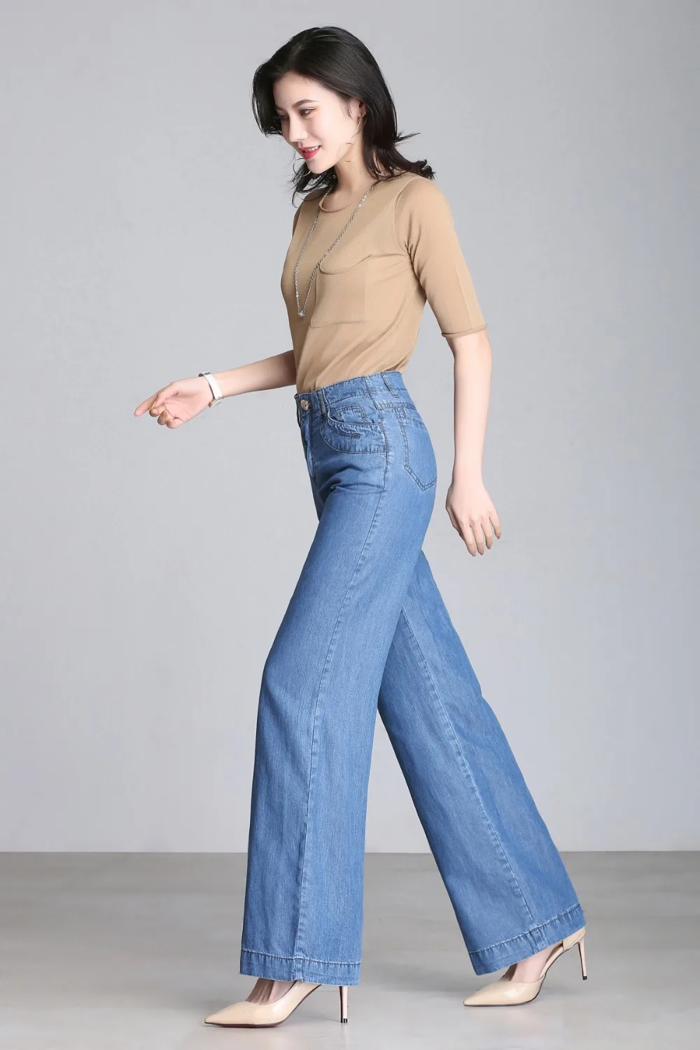 Новинка, женские летние тонкие джинсы из тенселя с высокой талией и широкими штанинами, крутые прямые штаны большого размера по щиколотку
