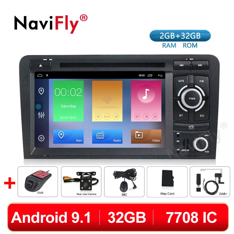 

NaviFly 2 Din 2G+32G Android 9.1 car dvd radio Stereo gps for Audi A3 8P 2003-2012 S3 8P 2006-2012 RS3 Sportback 2011 WIFI BT FM
