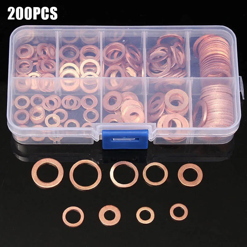 

200 Pcs/Box Copper Washer Flat O-Ring Sealing Washers Assortment Kit _WK