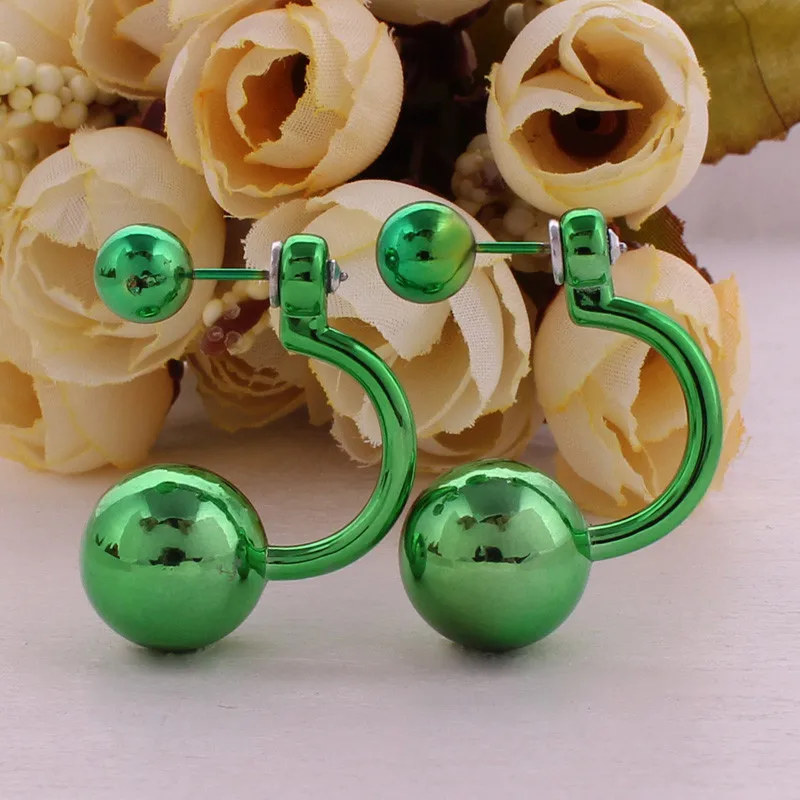 11 цветов, модные уникальные геометрические серьги из двух шариков, модные двухсторонние УФ блестящие жемчужные серьги-гвоздики для женщин - Окраска металла: Green