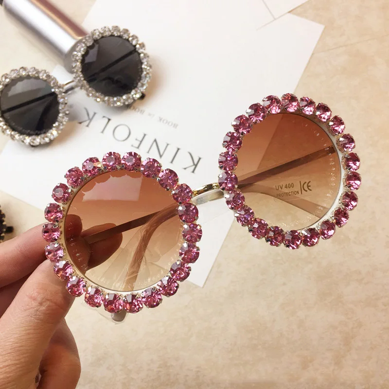 

Pink Bling Sunglasses Women 2019 Round Sunglasses Ladies Fashion Diamond Party Festival Sunglasses UV400