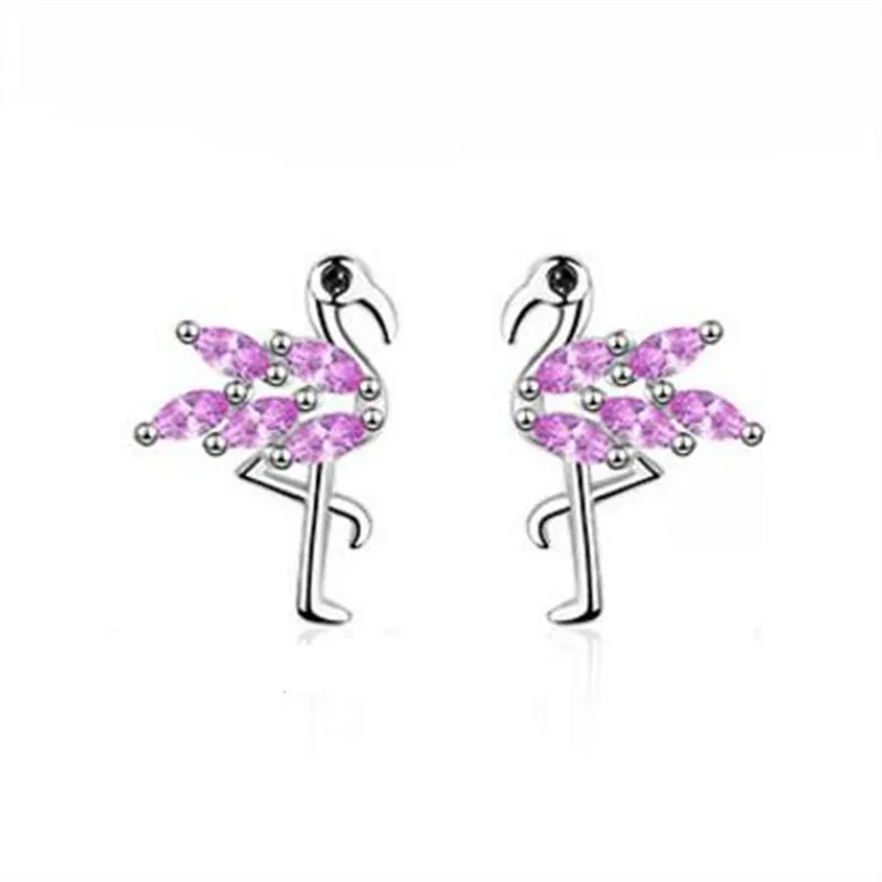 

925 Sterling Silver Pink Zircon Flamingo Stud Earrings For Women Gift Fashion Style Prevent Allergy Jewelry pendientes eh183