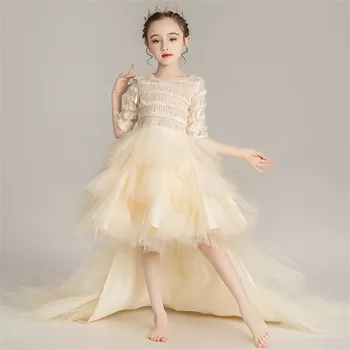 

2019Spring Summer Luxury New Model Show Children Tassel Decoration Evening Party Long Tail Mesh Dress Girls Kids Host Prom Dress