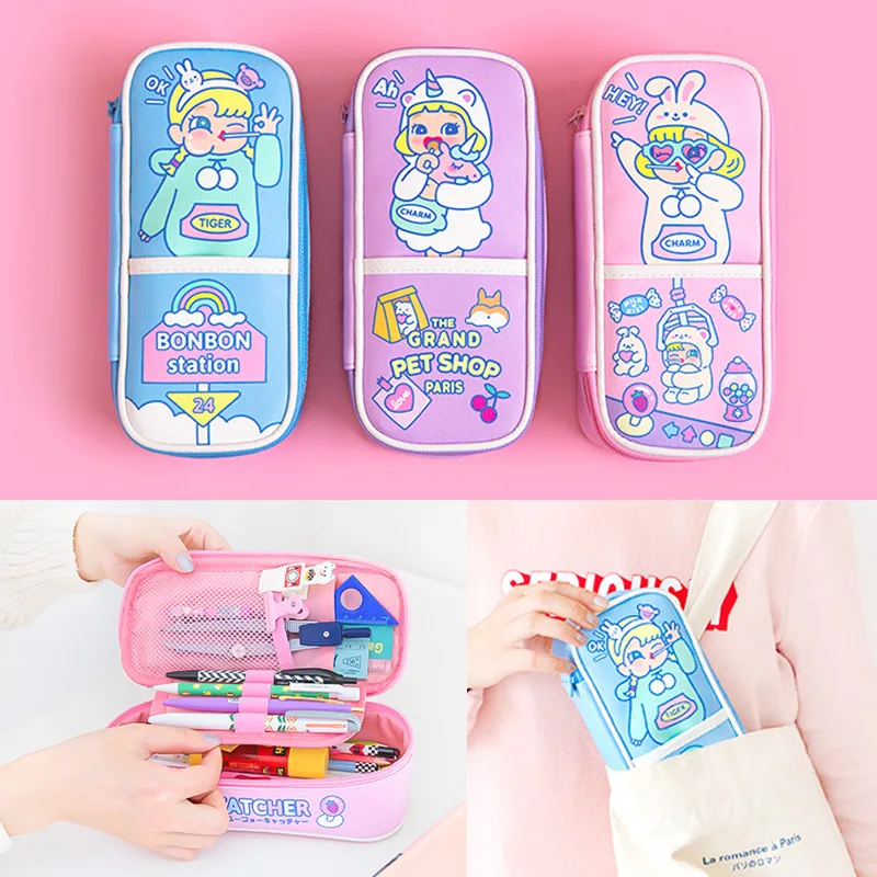  School Student Girls Pencil Cases Storage Organizer Bag School Stationery Kids Cartoon Cosmetic Box