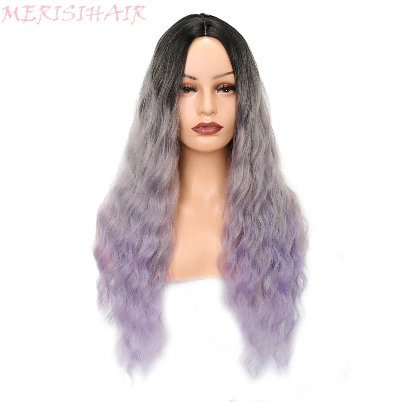 MERISI HAIR Long Wavy Gray Omber Purple Wigs For Women  Synthetic Hair  High Temperature Fiber Average Size1 (3)