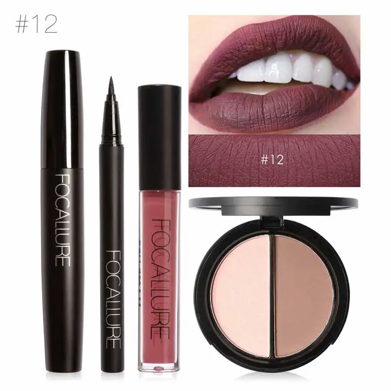 12 FOCALLURE косметика для профессионального макияжа 4 шт./компл. набор для макияжа Матовая жидкая губная помада подводка для глаз Тушь для ресниц Хайлайтер с эффектом загара палитра - Цвет: 12