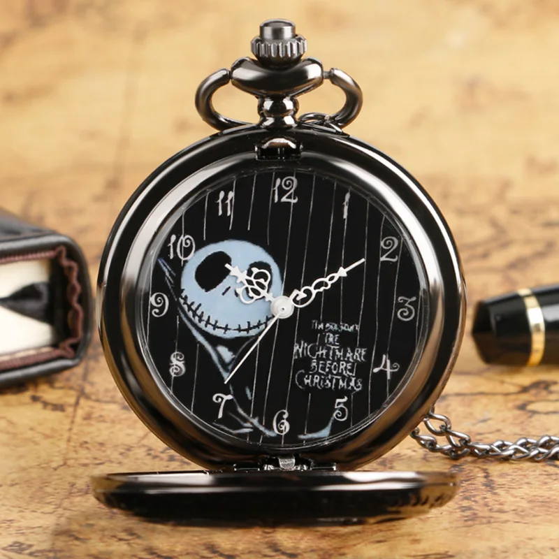 

New Arrival Antique Design Nightmare Before Christmas Skull Black Dial Quartz Pocket Watch Fob Clock Unisex Gift Free Shipping