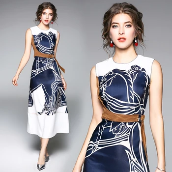 

2018 Spring new Europe fashion A word dress high-end printed sleeveless tank dresses vestido o neck party sexy outfit size S-XL
