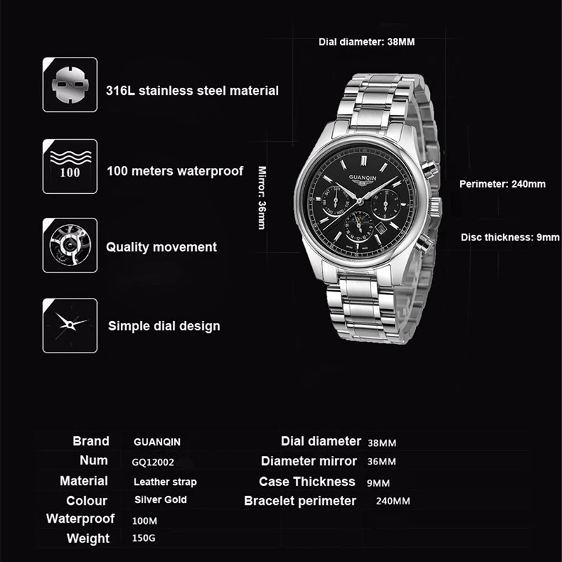 Relogio Masculino 2020 Брендовые Часы мужские GUANQIN деловые s золотые 316L нержавеющие