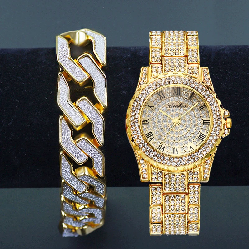 

Lureen 2Set Men Hip Hop Gold Watch Glitter Geometric Zirconia Bracelet Male Watchband Jewelry Set Gift