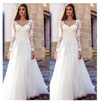 

LORIE Boho Long Sleeve Wedding Dress Elegant 2019 Robe de mariee Vintage Lace Top New Bridal Dress Puffy Tulle Wedding Dresses