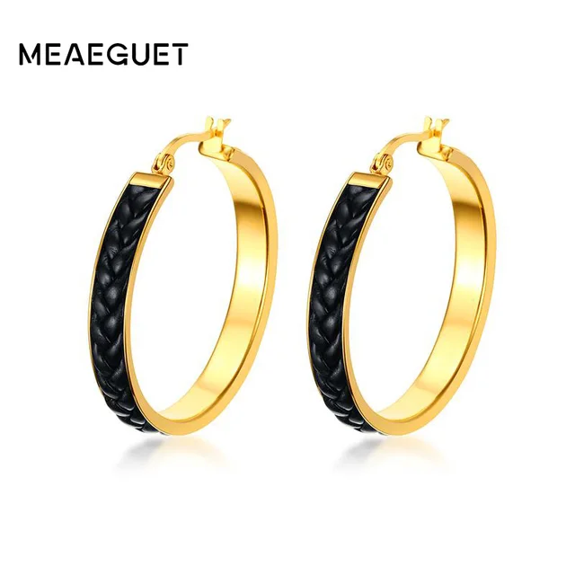 Meaeguet Round Leather Hoop Earrings For Women Luxurious Brincos Meaeguet Round Leather Hoop Earrings For Women Luxurious Brincos Unique Gold Color Jewelry