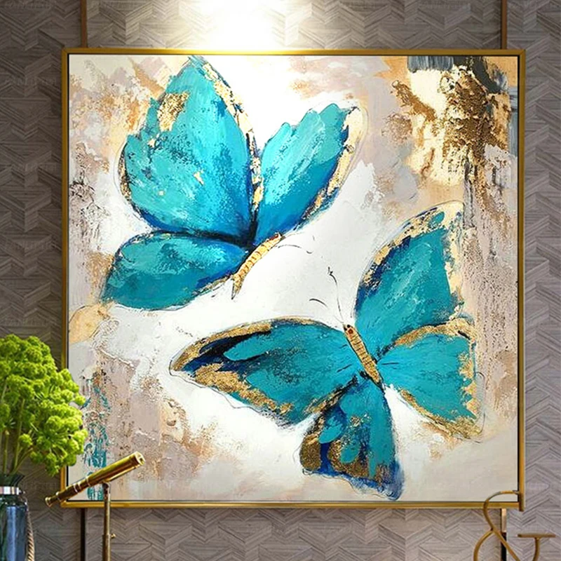 Ручная роспись Абстрактная Современная синяя бабочка масляная живопись на холсте настенная живопись Безрамное украшение для дома в гостиной