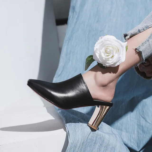 PXELENA Design Luxury Womens Genuine Leather Slides 2018 Summer Newest High Heels Slipper Ladies Shoes Date Party Outsize Black