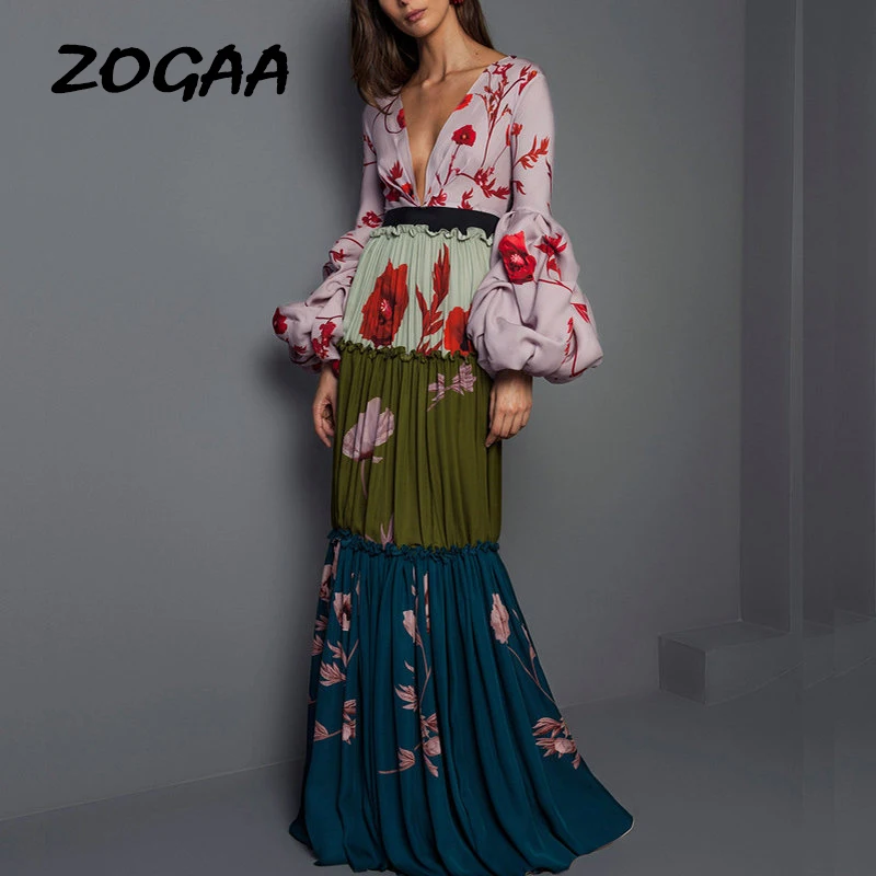 

women dress Floral Print Long Dress Deep V Neck Patchwork Noble Elegant Evening Party Night Long Dress Summer maxi robe femme