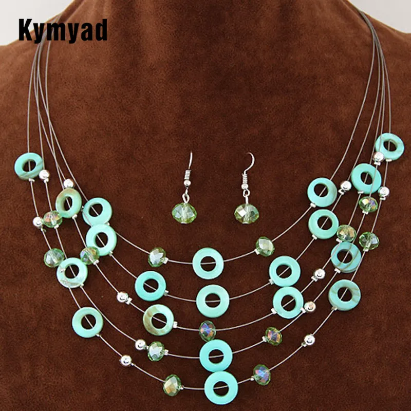

Kymyad Bohemian Style African Beads Jewelry Set For Women Multi layer Necklace Earrings Set Crystal Shell Direction Party Gift