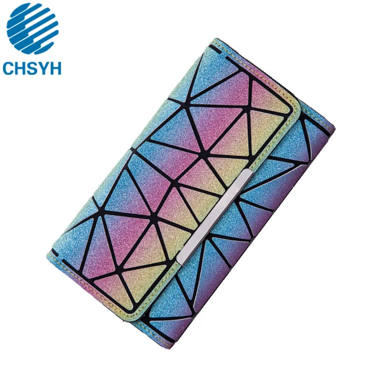 

Female Folded Wallets Ladies Geometric Plaid Bag Fashion Casual Purse Women PUC Fashion Long Panelled HandBags Luminous Wallet