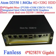 Mini server fanless Intel Atom dual core D2550 1.86Ghz 4*82583V Gigabit Nics Wake on LAN 12VDC 4G RAM 320G HDD Windows Linux
