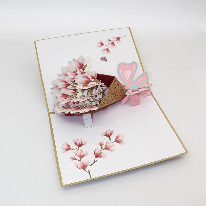  3D Laser Cut Handmade Carving Teachers' Day White Pink Magnolia Bouquet Paper Invitation Greeting C - 33013926435
