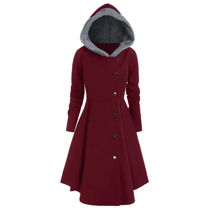 New Women fashion Plus Size Asymmetric Keep Warm Fleece Hooded Single Breasted Long Drap Buttons Coat #4F10 (2)