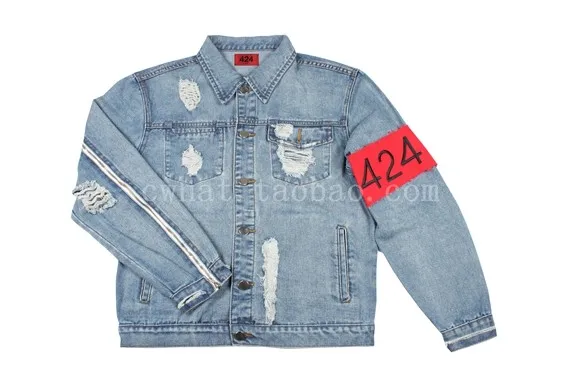 2016 TOP Spot red four two four 424 ripped hole distressed lt blue denim jacket streetwear urban clothing - AliExpress Mobile