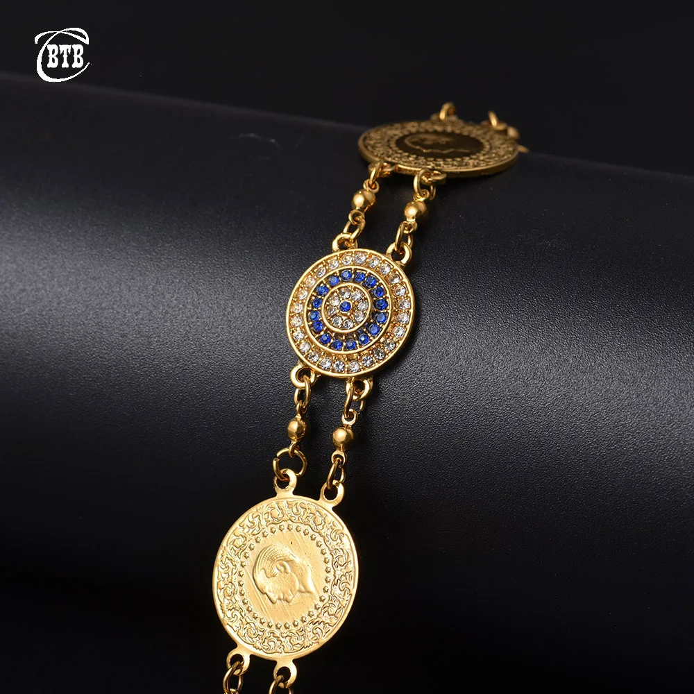 

Allah Jewelry Gifts Crystal Blue Evil Eyes Money Coin Bracelet Islamic Muslim Arab Coins Bracelet for Women Men Middle Eastern
