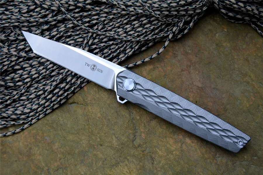 

TS06 Tanto Folder D2 Blade Pocket Knife Grey Titanium Handle Tactical Hunting Knife Twosun Brand