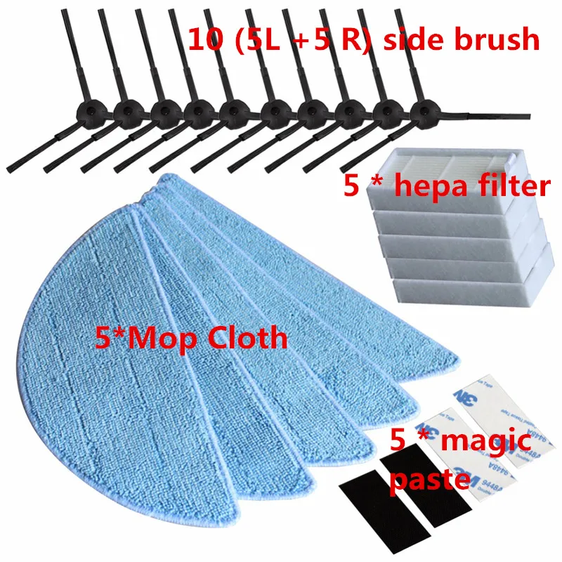 5pair side Brush+5pcs hepa Filter+5pcs Mop Cloth for chuwi ilife V5 V3 series parts ilife v5pro v5s ilife v5 pro ect (5)_