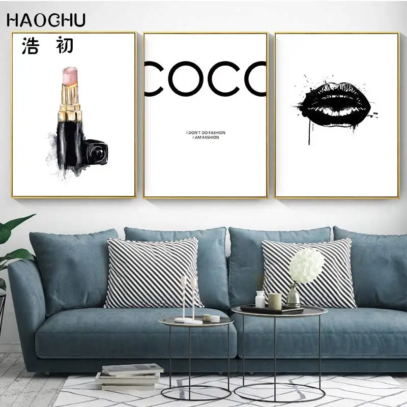 

Modern Fashion Icons Lipsticks Sexy Woman COCO Black Lips Paintings HD Posters Wall Art Posters For Home Living Room Decor