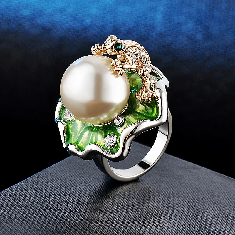 Женское роскошное кольцо в форме лягушки, персонализированное кольцо с кристаллами и жемчугом, романтическое ювелирное изделие для свадебной вечеринки