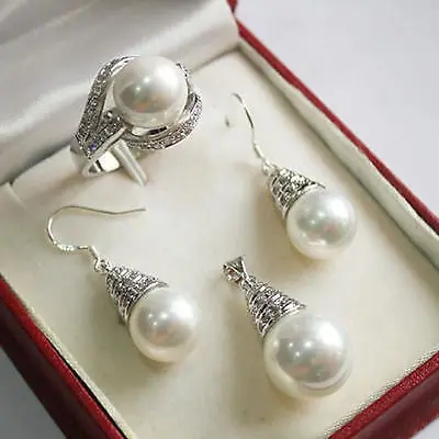 

beautiful 12mm White Shell Pearl Pendant Necklace Earrings rings set >AAA GP Plated gold Bridal wide watch wings queen JEWE