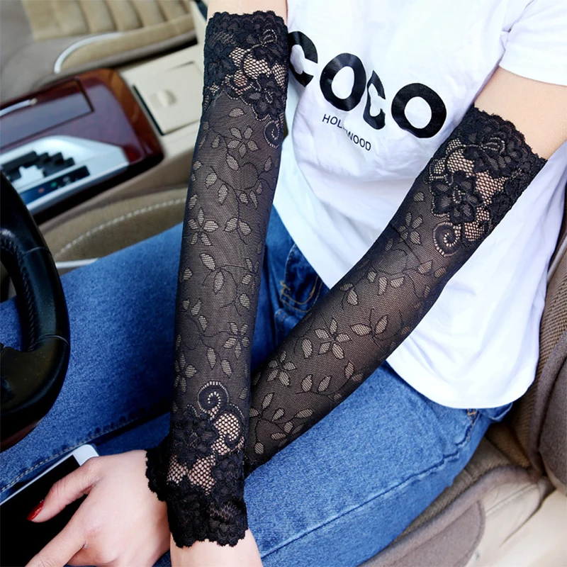 Black 2 шт 38 см длинные кружевные Сексуальные Запястья рукава дышащие Bracers анти-УФ кружева шаблон женщины руки рукава Одежда Аксессуары Горячая Распродажа - Color: Black