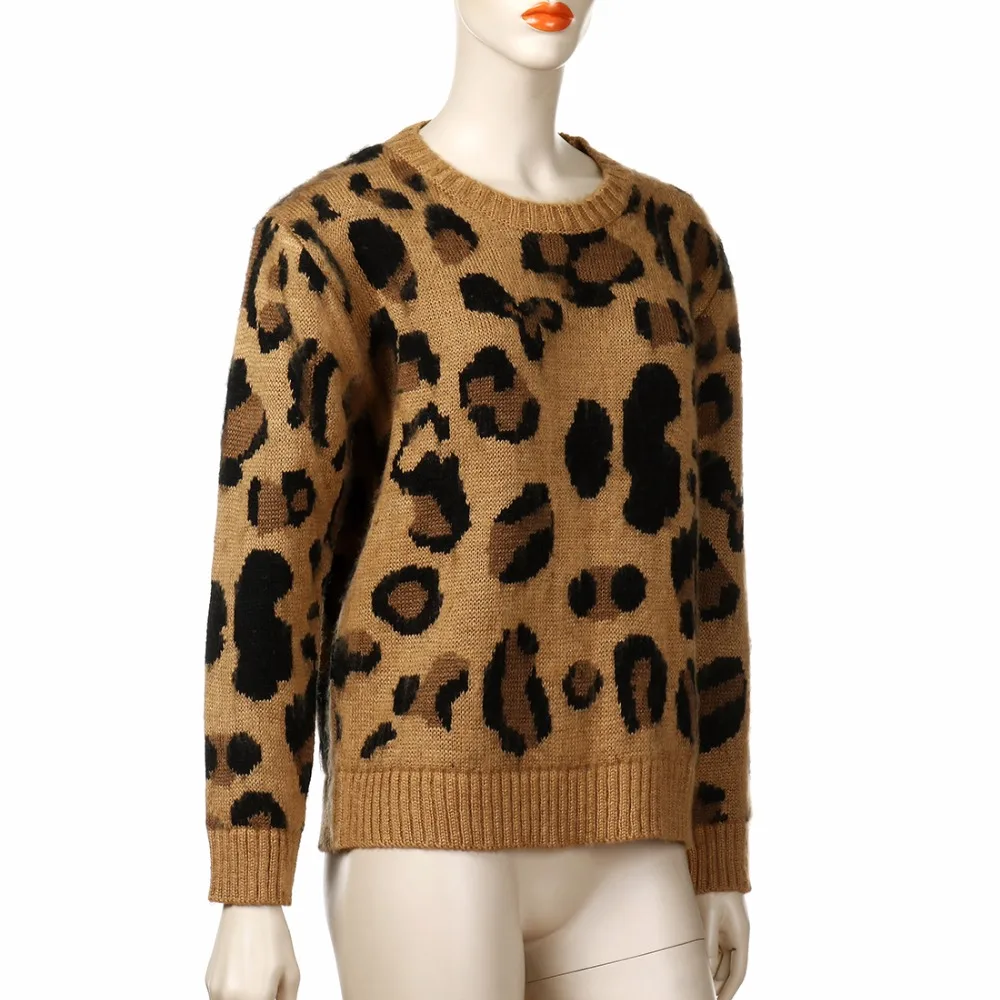 Женский свитер с леопардовой раскраской, модный коричневый Повседневный пуловер с принтом, свитер с круглым вырезом, вязаный свитер, новинка, топ, вязаный свитер для женщин