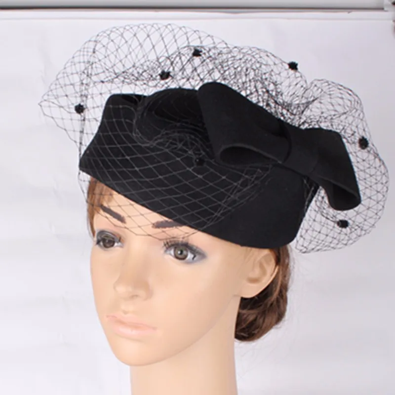 Модные черные шерсть вуалетки высокое качество бант шляпа база с горошек вуаль Коктейльные шляпы Фата невесты случай аксессуары для волос
