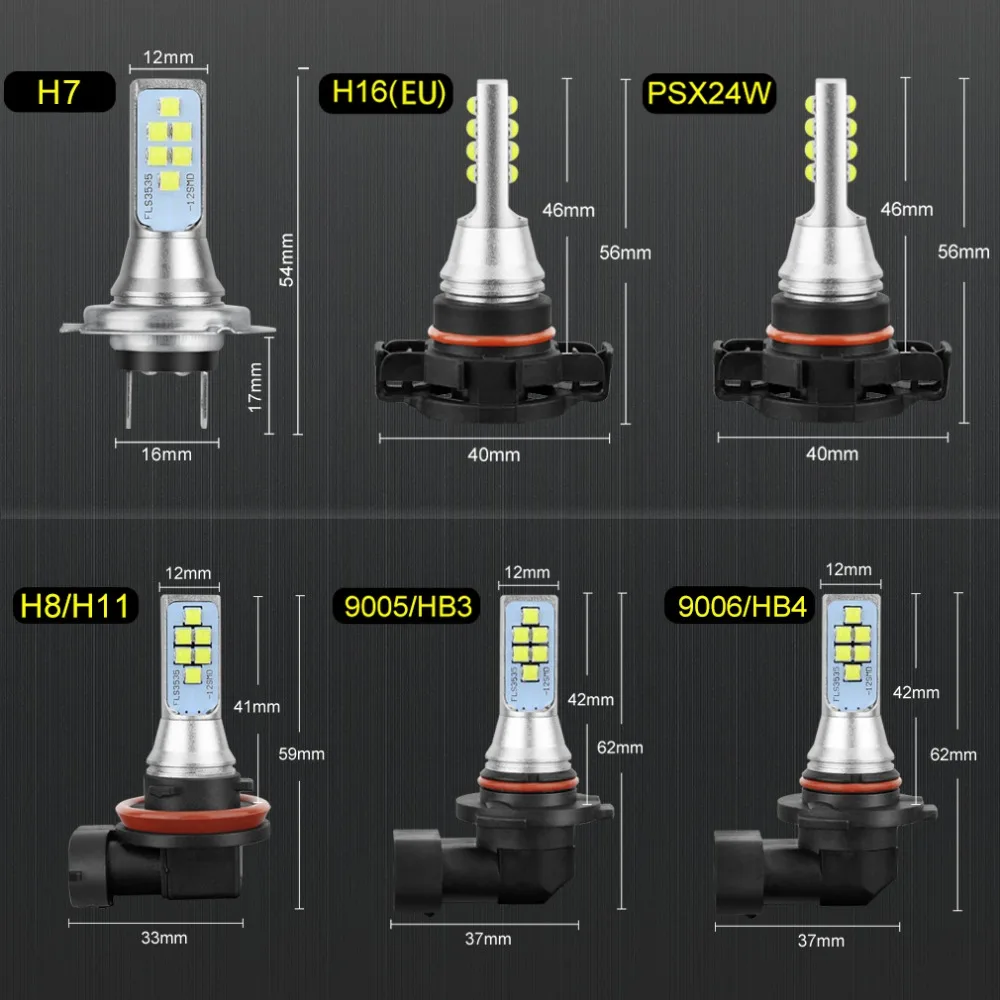 Автомобиль светодиодный туман лампочки H1 H3 H7 H11 H16 9005/HB3 9006/HB4 H27 880 881 P13W PSX26W PSX24W фары дальнего света для авто 1400LM 6000 K белый