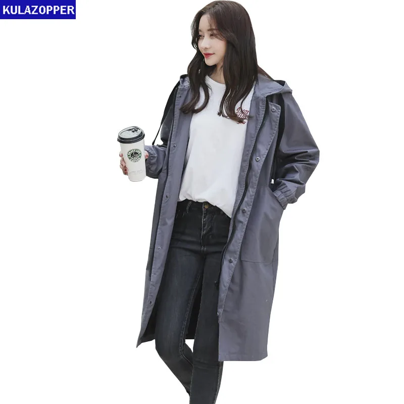 

2019 Spring Autumn New Women Long style Trench Coat Thin solid Outwear Casual Hooded Loose Long sleeve Coat Female Trench ky403
