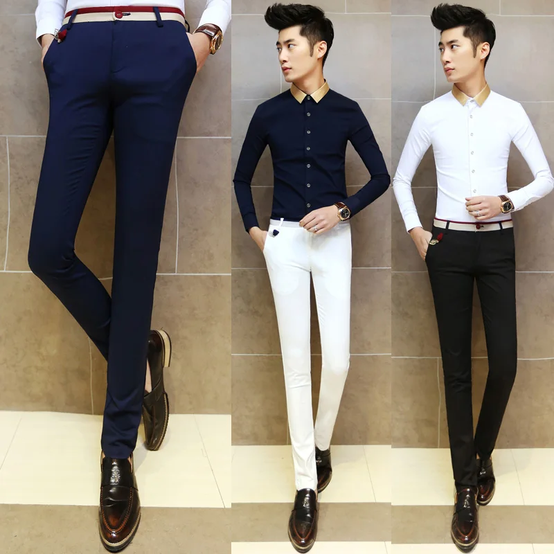 2016 Hombres de La Manera Visten Pantalones Flacos Masculinos Pantalones  Slim Fit todas Correspondan Applique Pantalones Mediados de Cintura de  Algodón Traje de Los Hombres Blancos pantalones|dresses  promotion|dressedresse shoes - AliExpress