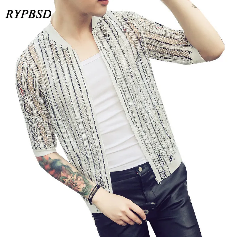 

2019 Summer New Zipper Baseball Jacket Men Mesh Slim Fit Plus Size 5XL Mens Striped Jacket Half Sleeve Pvc Transparent Jacket