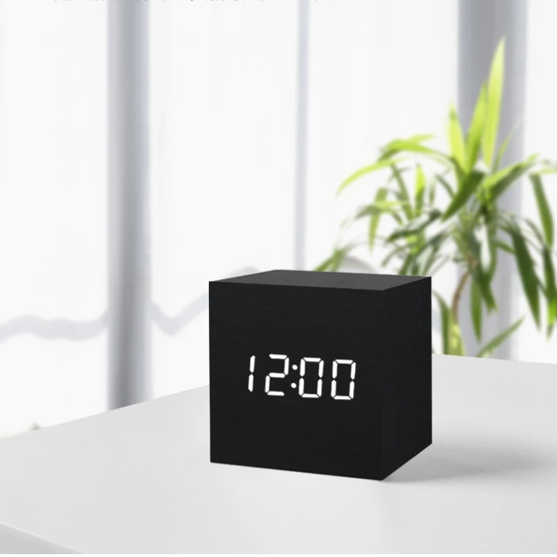 

Mini Wood LED Electronic Clock Wooden Alarm Clock Voice Control Luminous Bedside Table Clock Students