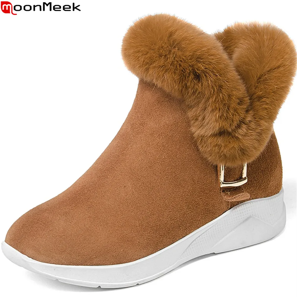 

MoonMeek black winter new arrive women boots round toe zipper cow suede snow boots buckle wedges leather ankle boots fur