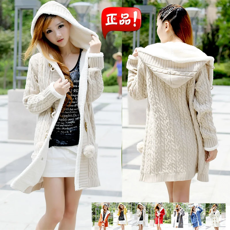 2019 New winter cashmere sweater thick warm hooded coat Korean Slim double-breasted knitted long cardigan |